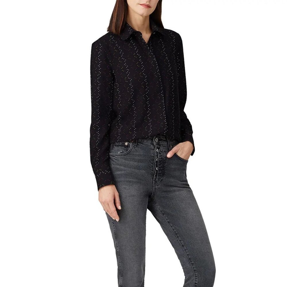 Equipment Femme Inisse Top V Neck Blouse‎ Black Multi Color Long Sleeve S - NEW